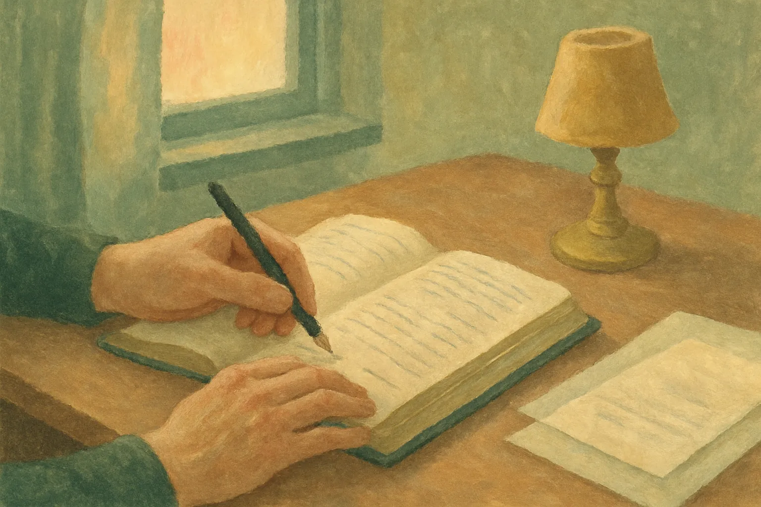 A painting of a pair of hands writing carefully in an old family notebook at a wooden desk in warm afternoon light.