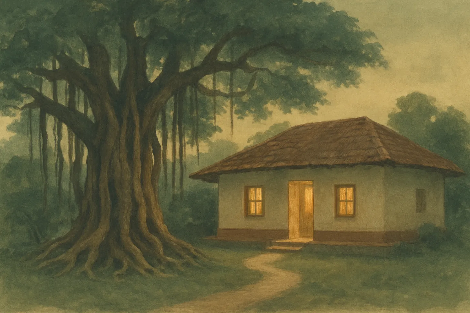 A painting of a banyan tree with deep roots beside a warm home with lit windows at dusk.