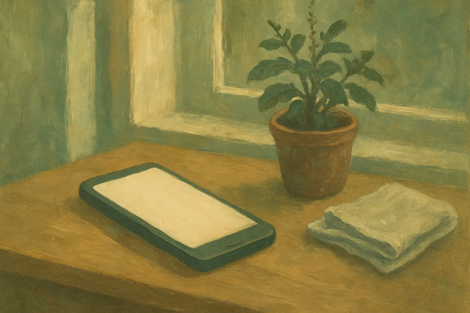 A painting of a phone resting on a warm wooden table beside a window with soft morning light and a small plant.