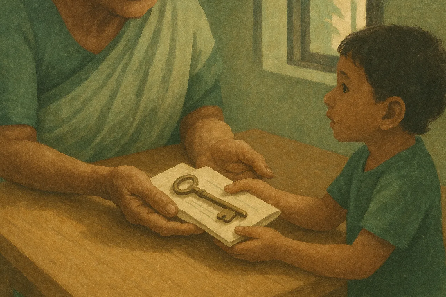 A painting of an elder's hands and a child's hands together on a wooden table, passing an old brass key resting on a folded document.